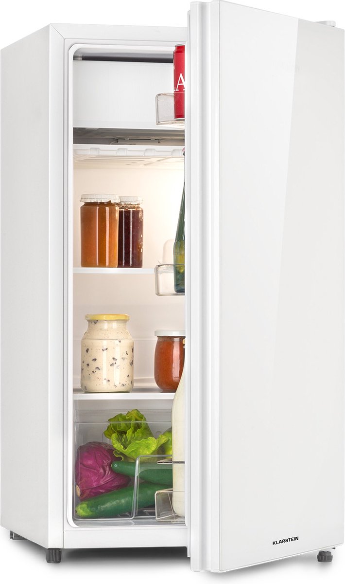 Klarstein Luminance Frost Koelkast – Capaciteit: 91 Liter – Energie-efficiëntieklasse E – Crispvak – 2 Glazen schappen – 3 Deurvakken – 41 Db – Temperatuurinstelling: 7 Standen – Wit