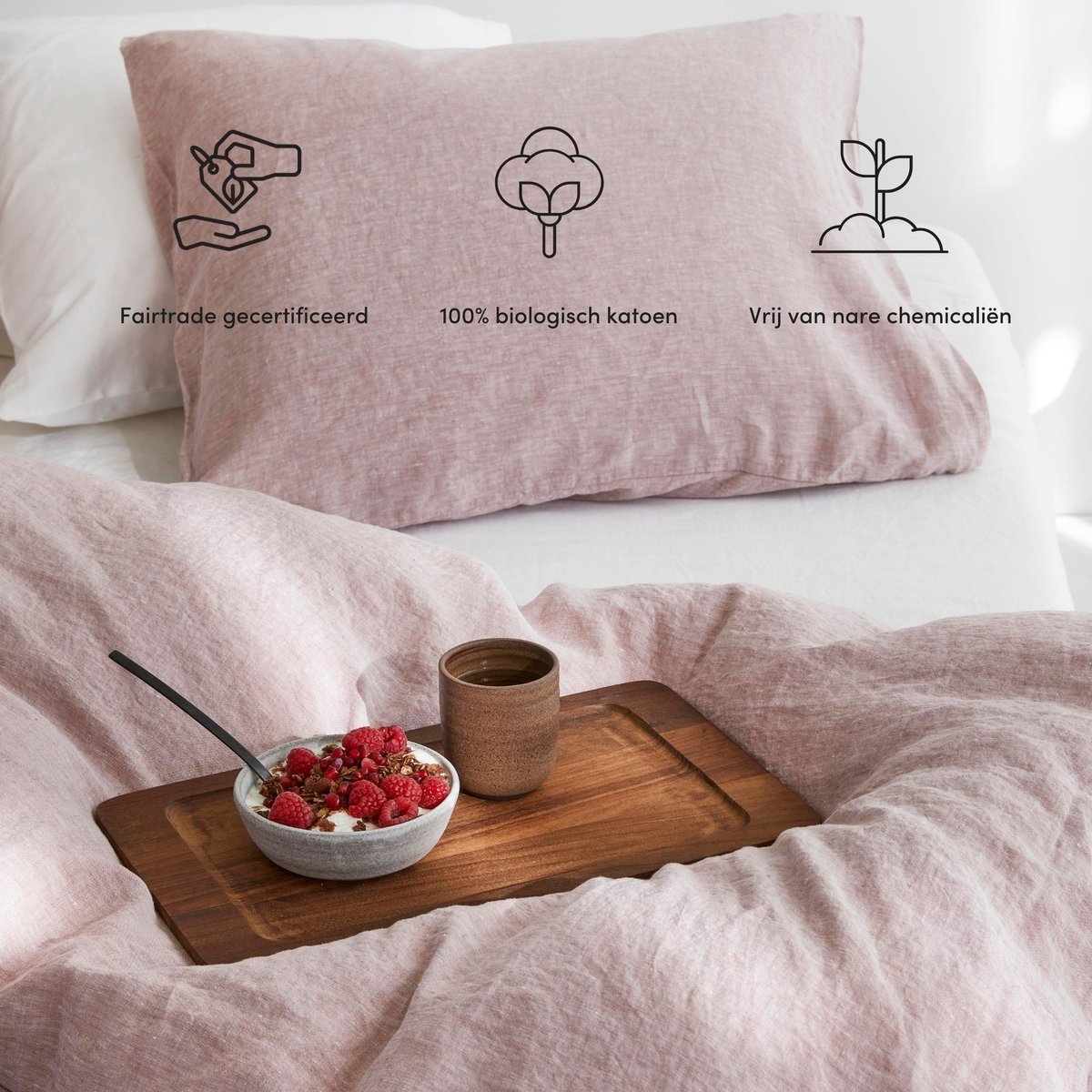 Yumeko hoeslaken gewassen linnen roze chambray 140x200x30 - Biologisch & ecologisch