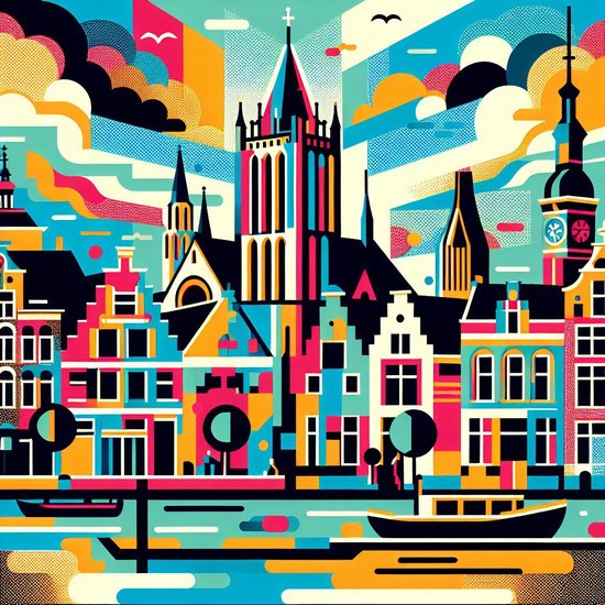 Pop art groningen schilderij | Groningen's Pop Art Masterpiece: A Vibrant Fusion of Culture | Kunst - 100x100 centimeter op Canvas | Foto op Canvas