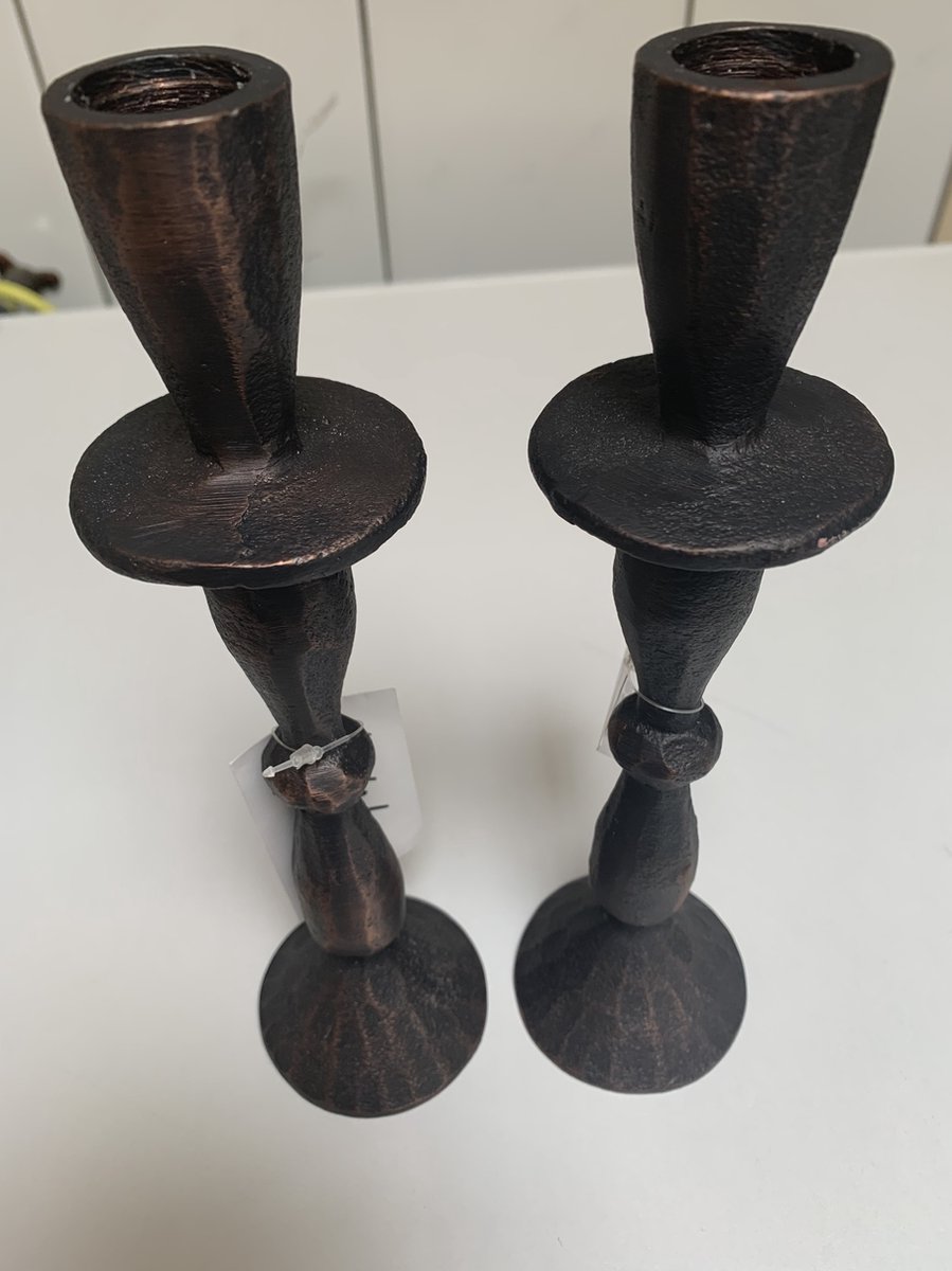 Light & Living kandelaar 2x - landelijk -Copper look -24,5 cm hoog -dinerkaarsen donker koper