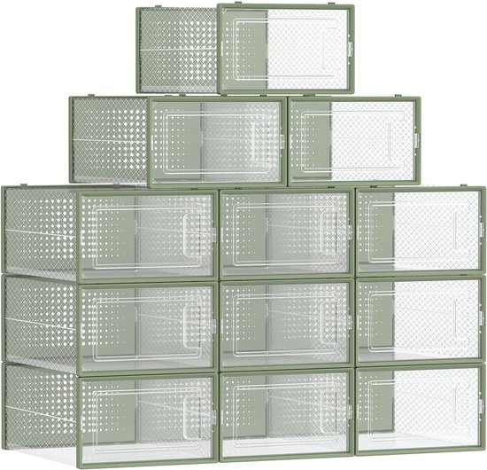 Rootz 12 Pack Shoe Box Organizer - Storage Container - Clear Plastic Bins - Stackable Design - PP Material - 33.5cm x 23.2cm x 14.3cm