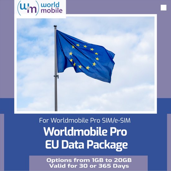 WorldMobile 4G/5G prepaid data simkaart met 1GB EU data geldig voor een jaar.
