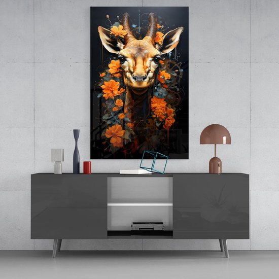 Glasschilderij Dieren - Giraffe met Bloemen - 72x46 cm - 4 mm