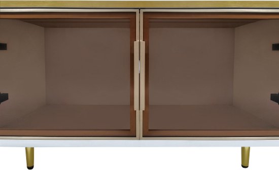 Meuble TV aspect marbre, meuble TV avec 4 pieds, 4 tiroirs structurés avec poignées dorées et deux portes en verre trempé marron, meuble TV moderne pour salon, 170*37*47,5 cm
