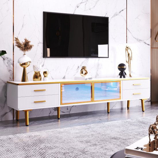 Meuble TV aspect marbre, meuble TV avec 4 pieds, 4 tiroirs structurés avec poignées dorées et deux portes en verre trempé marron, meuble TV moderne pour salon, 170*37*47,5 cm
