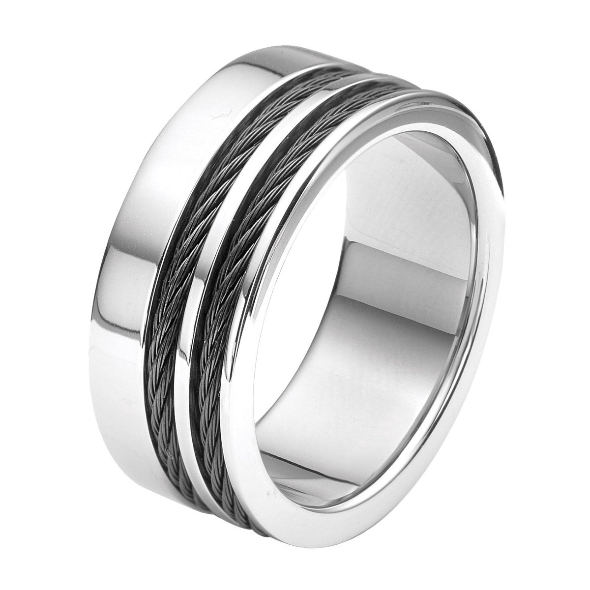 Lucardi Heren Ring met zwarte kabels - Ring - Vaderdag Cadeautje - Staal - Zilverkleurig