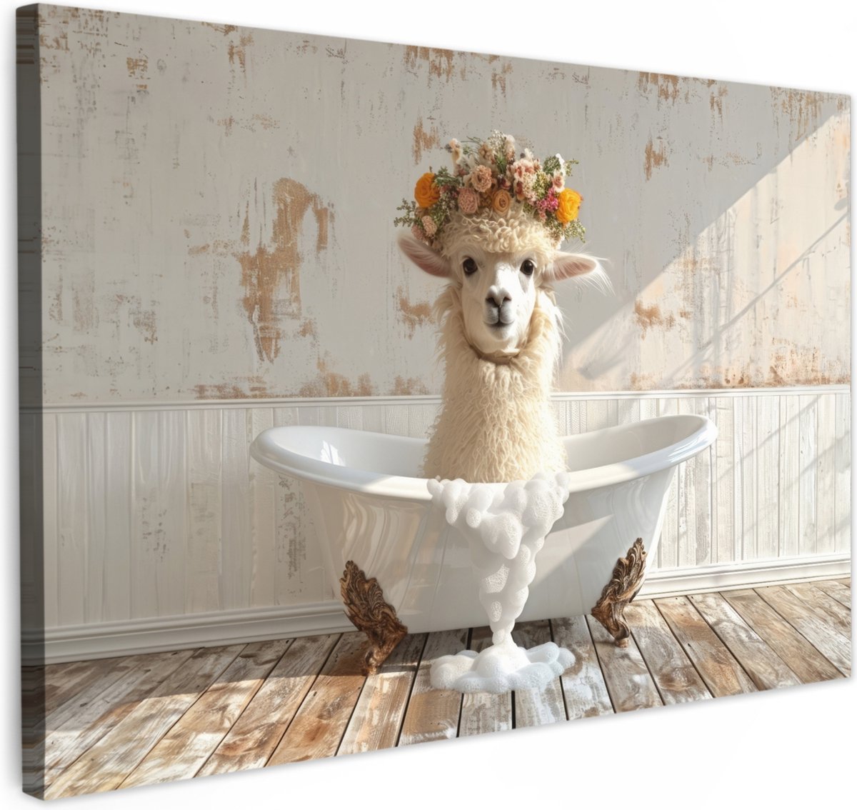 Canvas schilderij 30x20 cm - Wanddecoratie badkamer Vintage - Alpaca - Badkuip - Bloemen -