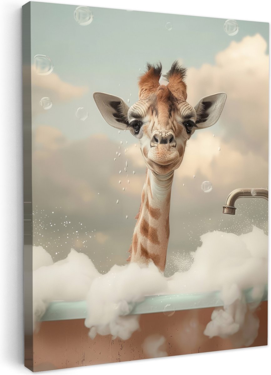 Canvas schilderij 50x70 cm - Wanddecoratie badkamer Giraffe - Wilde dieren - Bad - Schuim