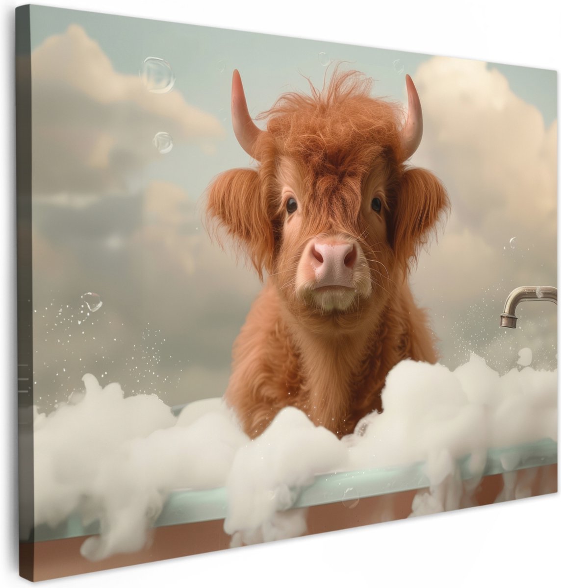 Canvas schilderij 80x60 cm - Wanddecoratie badkamer Schotse hooglander - Bad - Schuim - Ko