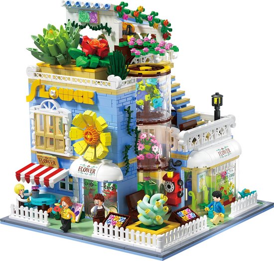 Zhe Gao DZ6120 Classic Bloemen winkel bouwset incl. 4 minifigures | City Achitecture Adventure Modelbouw | Educatief Creator speelgoed bouwpakketten voor kinderen & volwassenen | Bloemenpracht niet compatibel met lego | Bouwdoos met 2091 bouwstenen