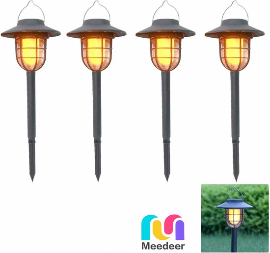 Meedeer Solar Tuinverlichting-Gazonlamp Grondverlichting Op Zonne (4 Stuks)-Tuinlamp-Tuinverlichting op zonne energie-warm wit -Grond Spots-LED Spotje -Licht In De Grond of hangen in de bomen -8-10 Uur Buiten Verlichting-IP65 Waterdicht