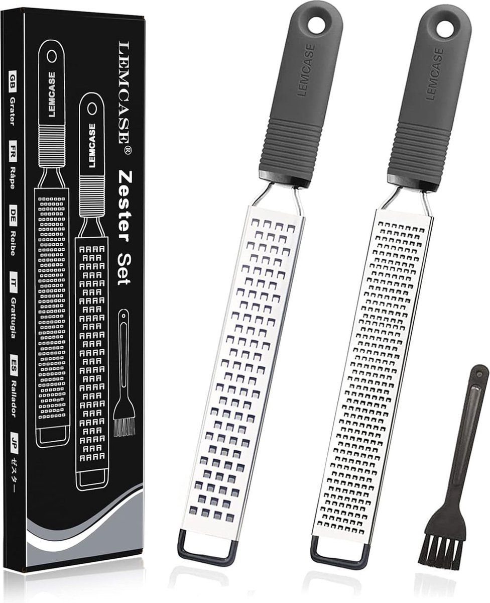 Zester schaafrasp kaasrasp Parmezaanse rasp citroenrasp keukenrasp van roestvrij staal met beschermende afdekking en siliconen handvat grijs (set van 2)