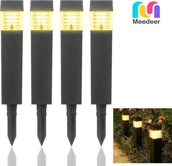 Meedeer Solar tuinverlichting-grondverlichting(4 stuks)- Tuinverlichting Op Zonne Energie-grondspots-warm wit -RVS Grond Spots op Zonne-energie-8 Uur Buiten Verlichting - Waterdicht - IP65 Waterdicht -Grondverlichting, Voor Tuin, Oprit(6*6*39cm)