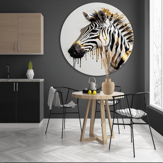 Décoration murale Zèbre ronde - Peinture animale - Décoration murale ronde Or - Peintures classiques - Cercle mural - Décoration murale chambre à coucher cercle mural forex 90x90 cm