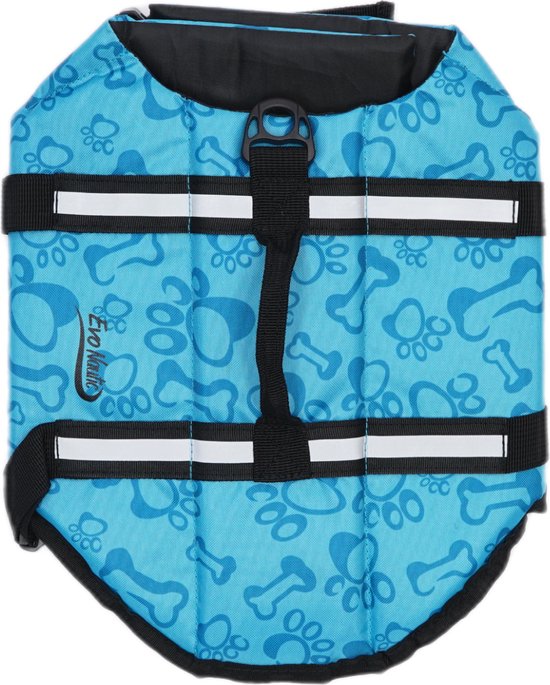 Blauw zwemvest voor honden met botten- en pootafdrukken, met riemen en reflecterende accenten.