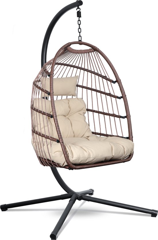 Foto: Swoods egg hangstoel hangstoel met standaard egg chair tot 150kg inclusief beschermhoes bruin beige