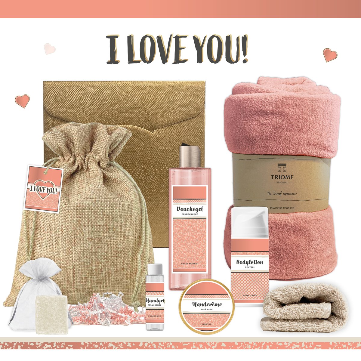 Goedkoopste Geschenkset “I love you!” - 8 producten - 1070 gram | Giftset voor haar - Luxe wellness cadeaubox - Cadeau vrouw - Set Valentijnsdag - Geschenk - Cadeaupakket moeder - Vriendin - Zus - Zalmroze