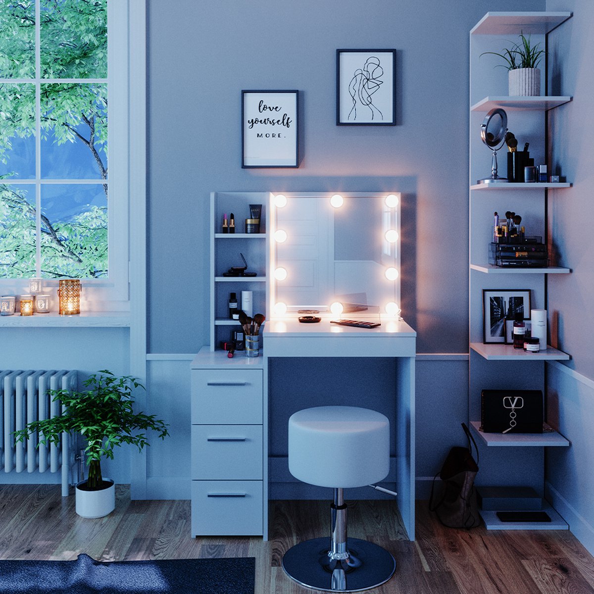 Vicco Kaptafel set met kruk Meryl, Wit, 80 cm met spiegel, LED-lichtslinger en kruk