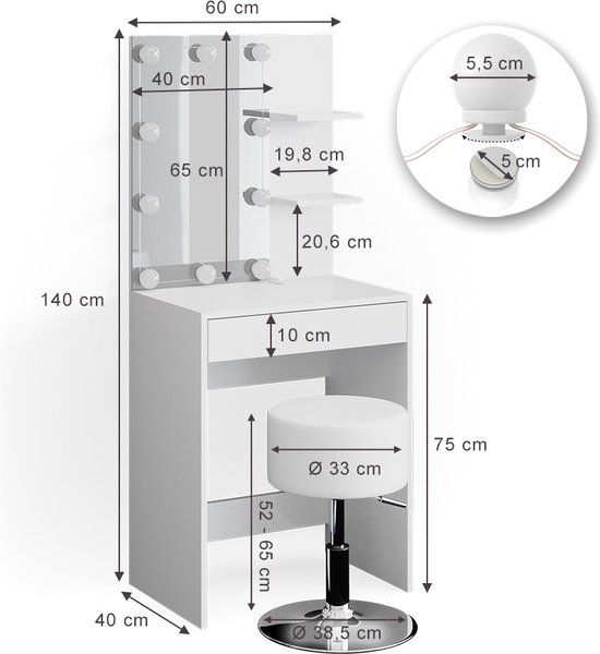 Technische tekening van een witte kaptafel met spiegel, LED-lampen, lade, kruk en afmetingen.