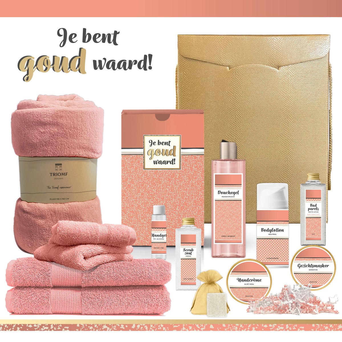 Goedkoopste Geschenkset “Je bent goud waard!” - 13 producten - 1910 gram | Luxe Cadeaubox voor haar - Wellness Pakket deluxe Vrouw - Giftset Kerst - Cadeau Speciaal voor jou - Cadeaupakket Collega Vriendin Moeder Vrijwilliger - Gift Moederdag - Kerstpakket Roze