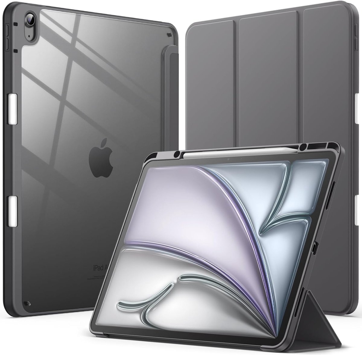 Geschikt voor Apple iPad Air 6 13 inch (M2) 2024 - Book Case Hoesje Met Pencil Houder - Doorzichtig Transparante Achterkant - Schokbestendig - Grijs