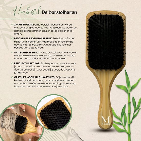 Bamboe peddelborstel met zwarte borstelharen en handvat van bamboe. Toont de voordelen van de borstel.