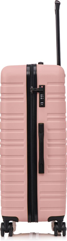 Roze ruimbagage koffer met uitschuifbaar handvat en TSA-slot.