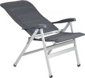 Chaise longue rembourrée gris foncé, réglable en position allongée, avec accoudoirs.