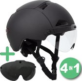 Speed pedelec helm Zwart met vizier en verlichting – 4 in 1 - 2 Vizieren – NTA 8776 - Maat L 58-61 cm – Snorscooter helm - Snorfiets Helm blauw kenteken - Fatbike helm