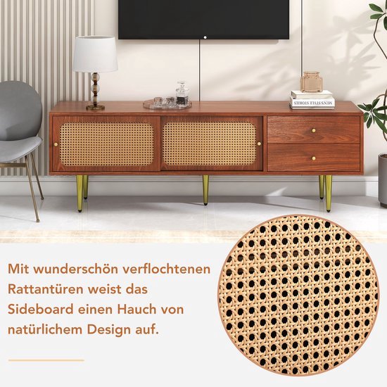 COSTWAY Bamboe TV Meubel – Met Rotan En Glazen Schuifdeur Voor TV's Tot 55 Inch