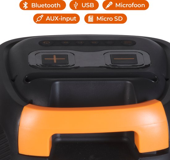 Zwarte Denver luidspreker met oranje handvat en bedieningspaneel met knoppen en ingangen voor Bluetooth, USB, AUX, Micro SD en microfoon.