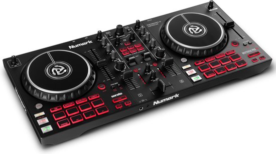 Zwarte Numark Mixtrack Pro FX DJ controller met rode verlichte knoppen, in vogelvlucht.