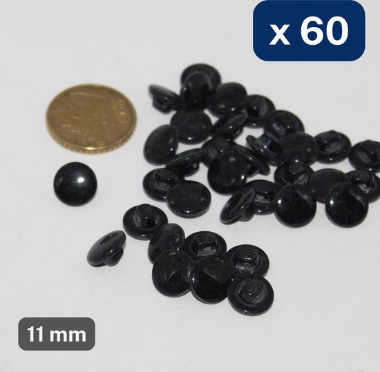 60 pièces BOUTONS POLYESTER, taille 11MM, sur pied, qualité italienne, couleur NOIR