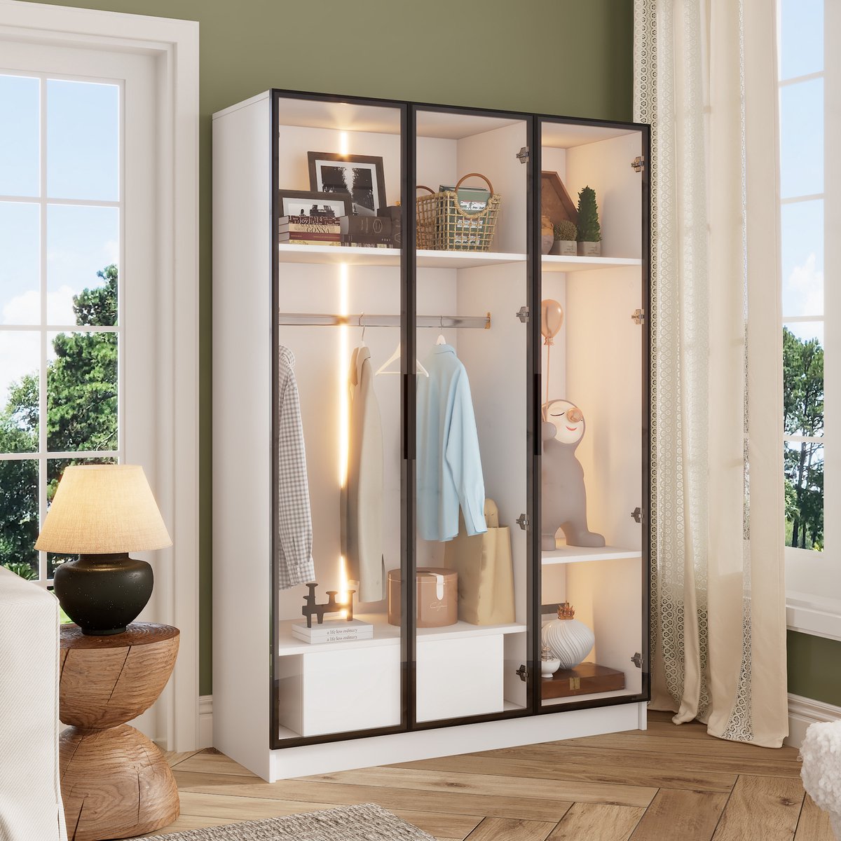 Sweiko Ruime Witte kledingkast, 110*50*160 cm, met 3 glazen deuren, 1-lade en LED verlichting,Minimalistische moderne stijl