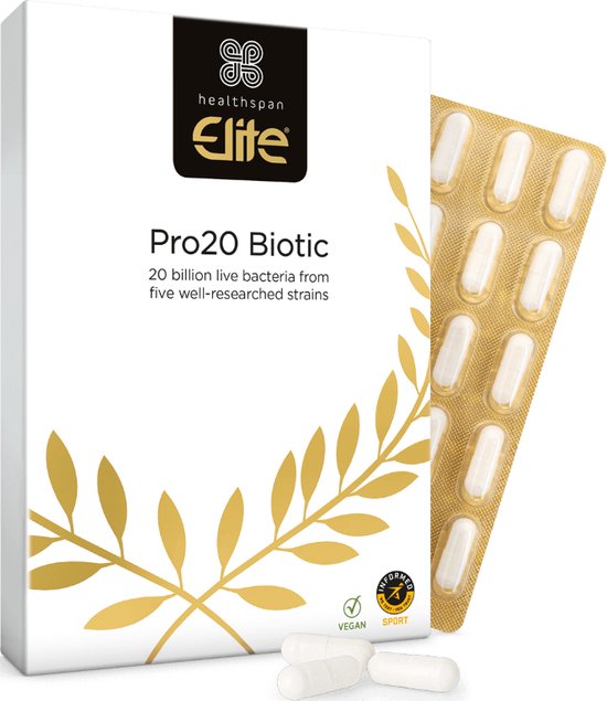 White verpakking met gouden bladeren, naast een strip met 12 witte capsules.