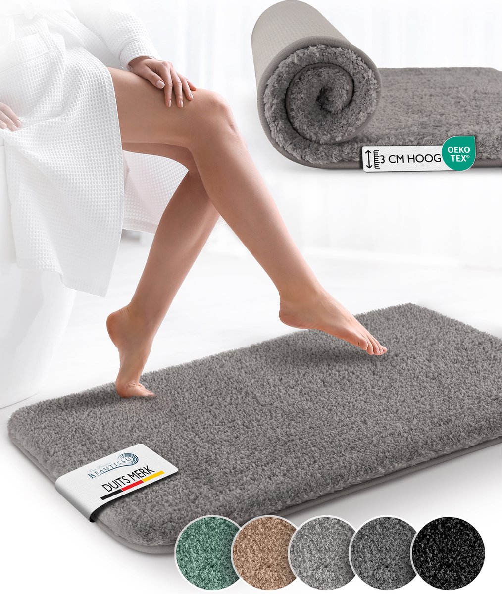 Beautissu BeauMare FL – Badmat Antislip 120x70 cm Grijs – Hoogpolig Tapijt – Voor Vloerver