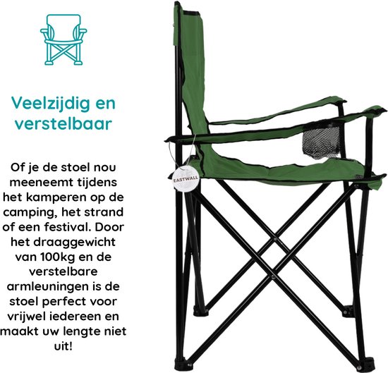 EASTWALL Opvouwbare Kampeerstoel - Visstoel - Multifunctionele vouwstoel - Campingstoel met bekerhouder - Tuinstoel - Klapstoel - Max 100 kg - Groen van EASTWALL — afbeelding 4
