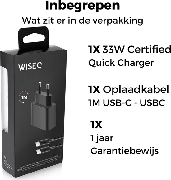 Chargeur Ultra rapide WiseQ 33 W - Double chargeur rapide Portes USB A et USB C - Convient pour Samsung, Huawei, Oppo, iPhone 15 et MacBook - Comprend USB-C de 1,2 m - Câble USB C - Zwart Premium