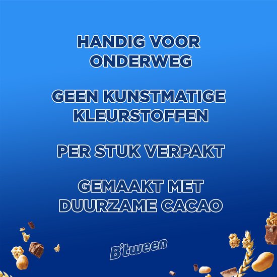 Handig voor onderweg, geen kunstmatige kleurstoffen, per stuk verpakt, gemaakt met duurzame cacao. B'tween.