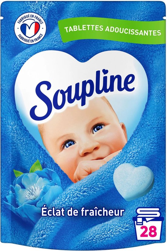 Paquet de 28 tablettes adoucissantes Soupline en forme de cœur. Avec logo 'Fabriqué en France' et une fleur bleue lumineuse. Comprend le texte 'Éclat de fraîcheur'.