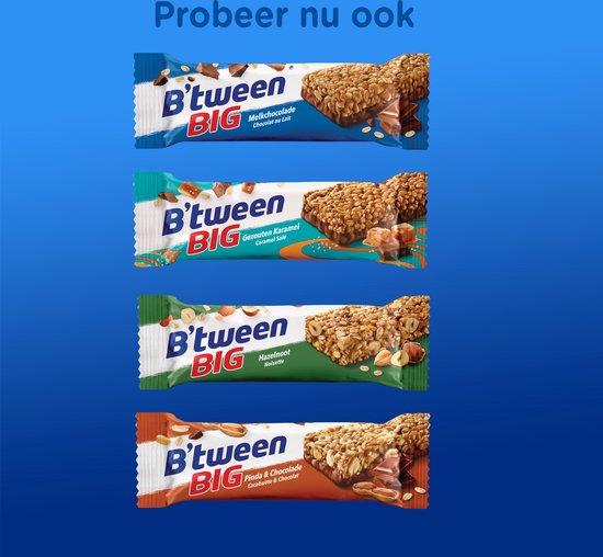 Vier B'tween BIG repen: melkchocolade, gezouten karamel, hazelnoot, pinda & chocolade