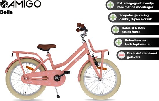 AMIGO Bella Meisjesfiets - Kinderfiets voor Meisjes - 12 Inch 21 cm - Terugtraprem - Zalmroze van AMIGO — afbeelding 2