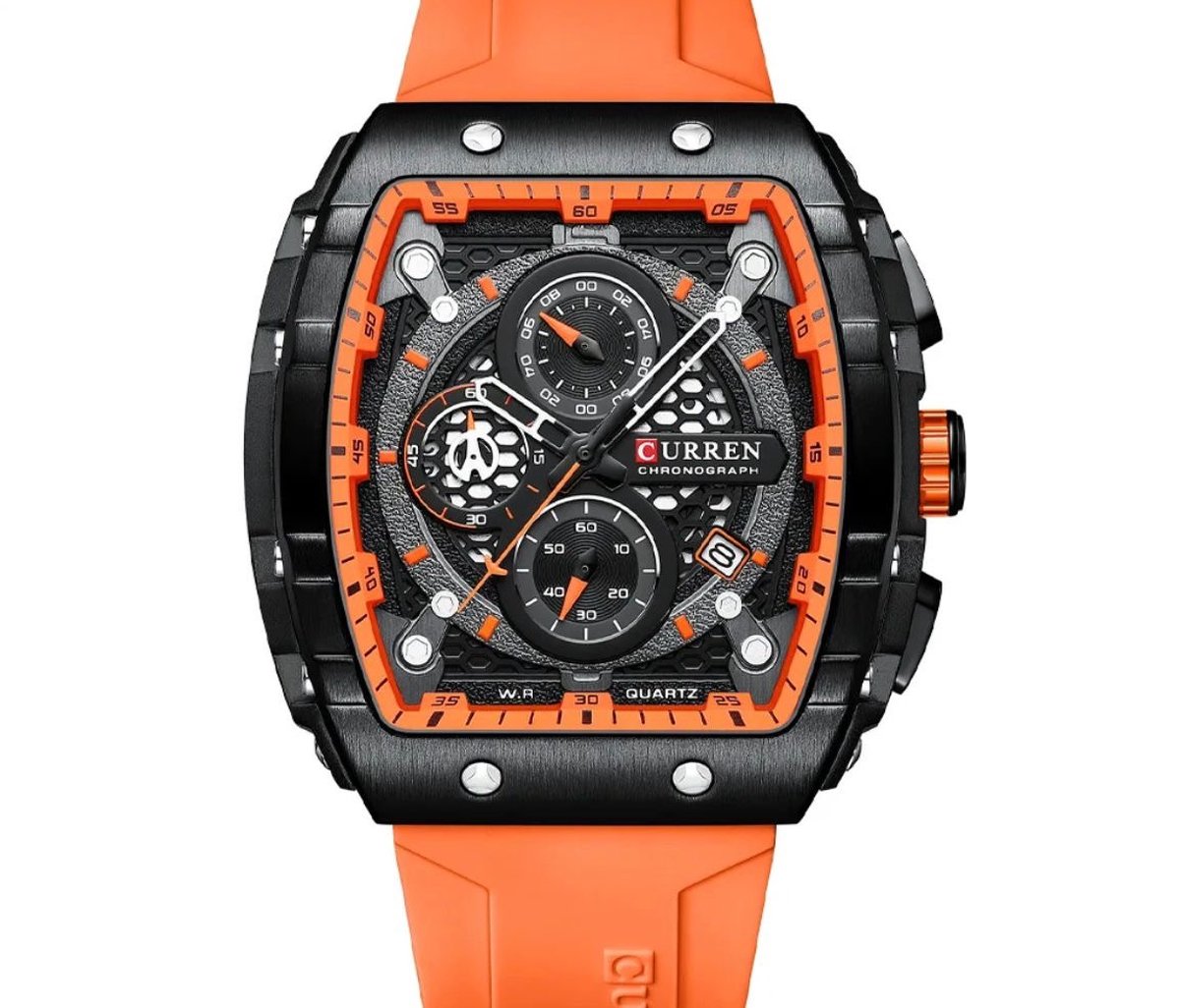 Curren Luxe Herenhorloge - Mannen - Luxe Gel Riem - Oranje en Zwart - Luxe Doos -