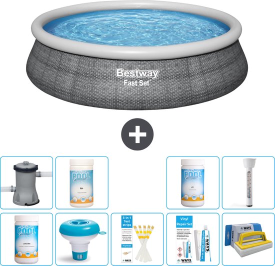 Piscine Opblaasbaar ronde Bestway à Set Fast - Motif rotin - 457 x 84 cm - Pompe à Chlore incluse - Flotteur de chlore - Bandelettes de test - Kit de réparation - Brosse à récurer - PH-moins - PH-plus - Thermomètre