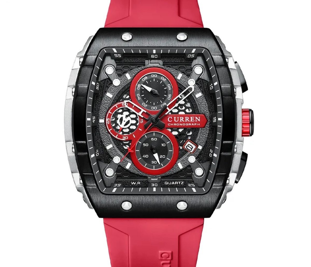 Curren - Luxe Herenhorloge - Mannen - Luxe Gel Riem - Rood en Zwart - Luxe Doos -