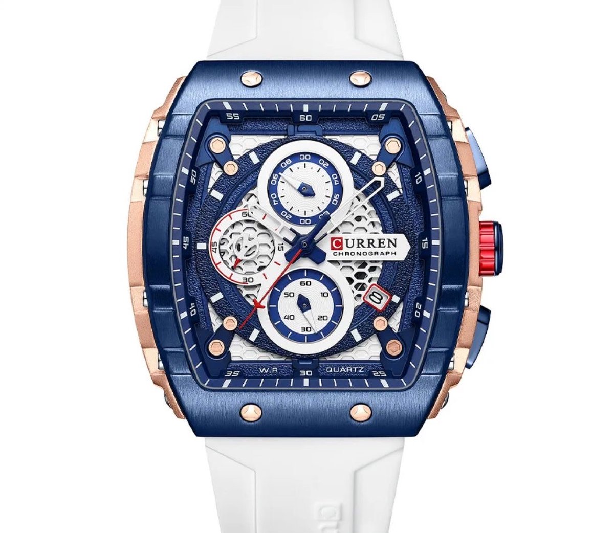 Curren - Luxe Herenhorloge - Mannen - Luxe Gel Riem - Wit en Blauw - Luxe Doos -