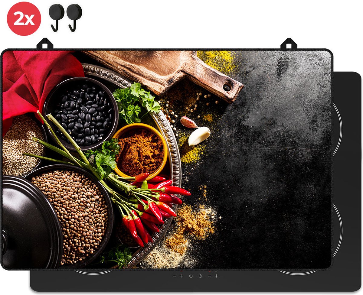 KitchyMist Inductie Beschermer 78x52 cm - Pittige Kruiden en Specerijen - Kookplaat Beschermer - Afdekplaat voor Kookplaat - Inductie Mat - Spatscherm Achterwand Keuken