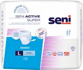 Verpakking van Seni Active Super incontinentiebroeken, maat L, met kenmerken als 'Dry Soft Fit' en 'Air Breathable'.