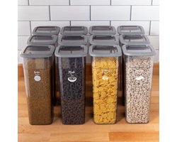 Parpalinam Voorraadpotten Set 2,1 l 12-delig met Stickers Voorraadbussen Kunststof Antraciet Voorraadpotten met deksel Vershouddoos Luchtdicht Voorraadpotten Stapelbaar Diepvries