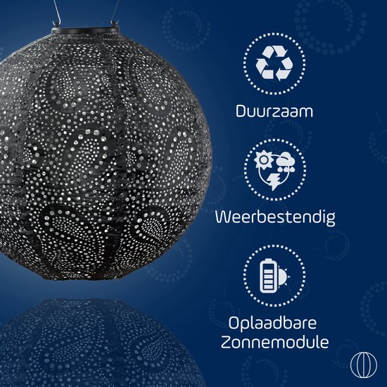 Donkergrijze, ronde solar lampion met paisley patroon, duurzaam en weerbestendig.